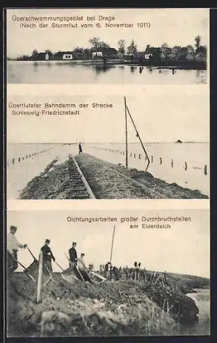 AK Drage / Nordfriesland, Hochwasser nach Sturmflut am 6.11.1911, Dichtungsarbeiten am Eiderdeich