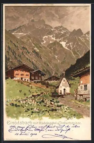 Künstler-AK Otto Strützel: Einödsbach, Gasthof mit Blick auf Mädelegabel und Trettachspitze