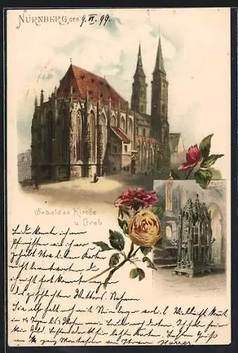 Lithographie Nürnberg, Sebaldus Kirche und Grab