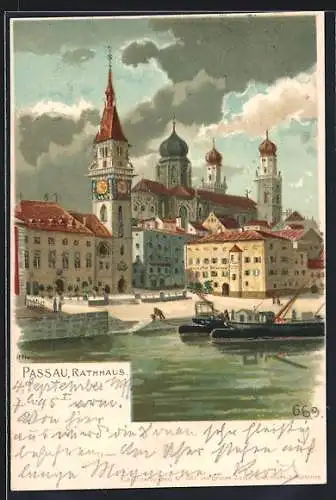 Lithographie Passau, Uferanlagen vor dem Rathaus