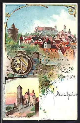 Lithographie Nürnberg, Die Burg, Aufgang, Wappen