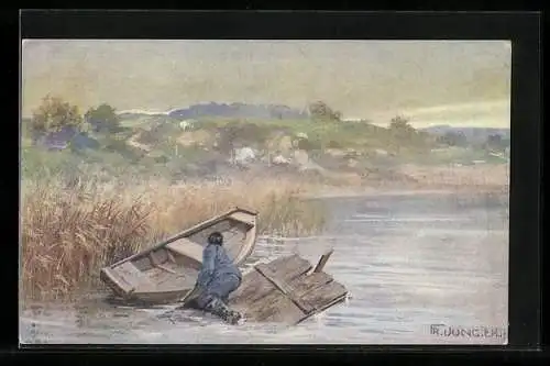 Künstler-AK Fr. Jung: Schütze Rudolf Lovetinski überquerte den Fluss um die russische Stellung auszukundschaften