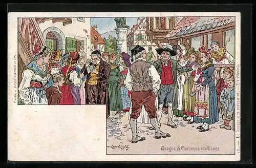 Künstler-AK sign. P. Kauffmann: Usages & Costumes d`Alsace - D`r Lehndah, Trachten und Bräuche, Elsass