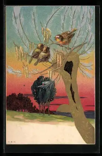 Lithographie Vögel sitzen in einem goldenen Baum, Jugendstil