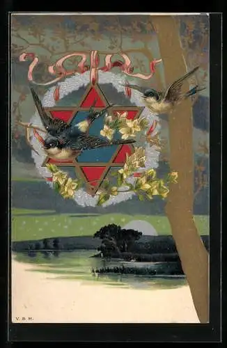 AK Schwalben vor sechseckigem Stern im Kranz und Abendlandschaft, Jugendstil