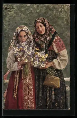 AK Russische Bauernfrau mit ihrer Tochter in volkstypischen Trachten