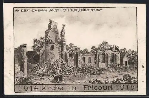 AK Fricourt, 1914 durch englische Geschütze zerstörte Kirche