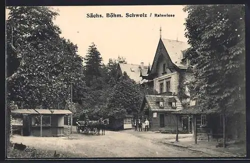 AK Rainwiese, Gasthaus mit geparkter Kutsche