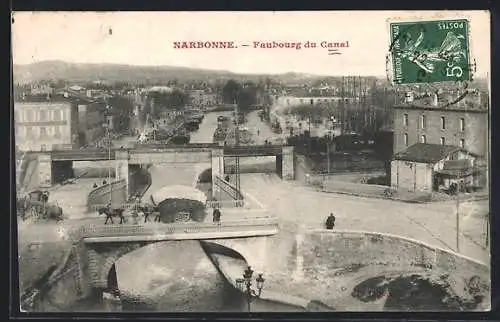 AK Narbonne, Faubourg du Canal avec ponts et bâtiments environnants