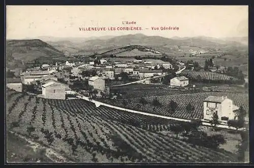 AK Villeneuve-les-Corbières, Vue générale du village et des vignobles environnants