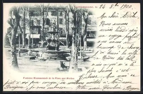 AK Carcassonne, Fontaine Monumentale de la Place aux Herbes