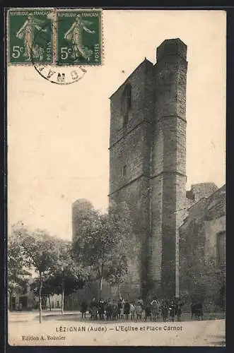 AK Lézignan, L`Église et Place Carnot