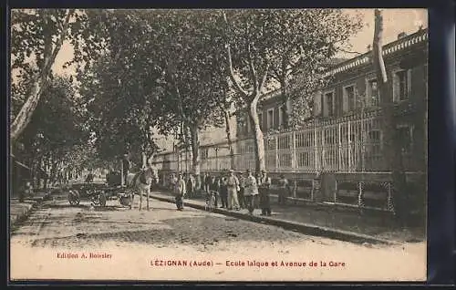 AK Lézignan, Ecole laïque et Avenue de la Gare