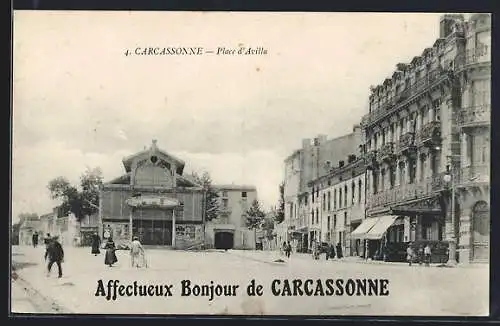 AK Carcassonne, Place d`Avilla avec bâtiments et passants