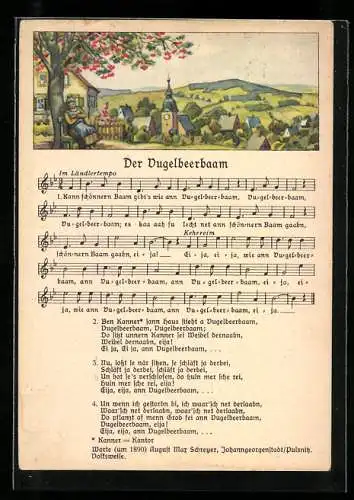 Künstler-AK Lied Der Vugelbeerbaam, Panorama mit Kirche