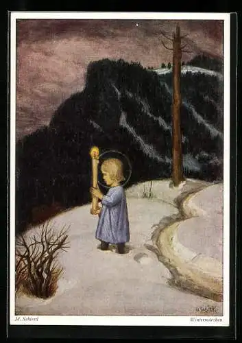 Künstler-AK Matthäus Schiestl: Wintermärchen, Christkind mit Kerze