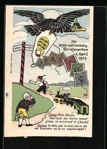 Künstler-AK Die letzten württemberg. Briefmarken 1902, Postgeschichte