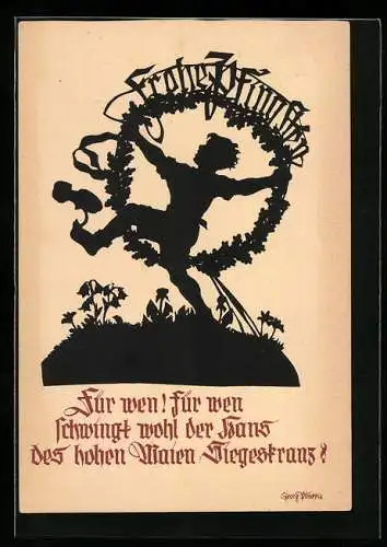 Künstler-AK Georg Plischke: Frohe Pfingsten, Junge mit grossem Siegeskranz auf einer Wiese, Scherenschnitt
