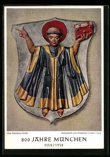 AK Münchner Kindl mit Buch in der Hand, Holzplastik