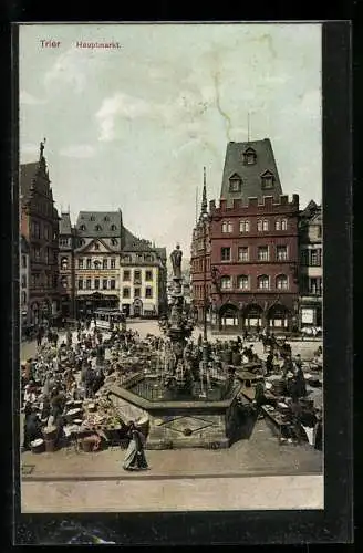 AK Trier, Hauptmarkt mit Verkaufsständen um den Brunnen