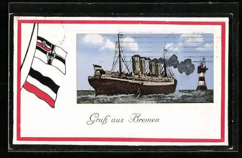 AK Bremen, Dampfer Kaiser Wilhelm II. im Passepartout mit Reichskriegsflagge