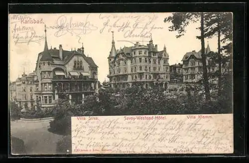 Goldfenster-AK Karlsbad, Villa Silva, Savoy-Westend Hotel und Villa Klemm mit leuchtenden Fenstern