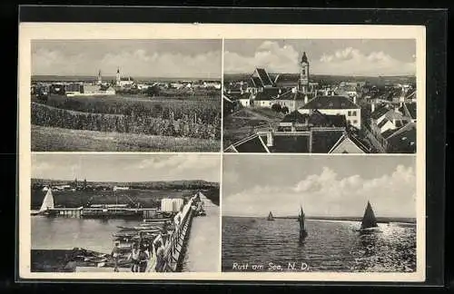 AK Rust am See, Ortsansicht aus der Vogelschau, Segelboote auf dem Wasser, Steg mit Ruderbooten