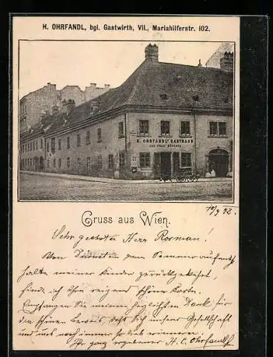 AK Wien, H. Ohrfandl`s Gasthaus zur Stadt München, Mariahilferstrasse 102