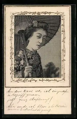 Seiden-AK Geisha mit Schirm in der Hand