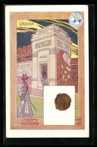 Künstler-AK Wien, Jubiläums-Ausstellung 1898, Urania, Cassa, Frau mit Hut, Jugendstil