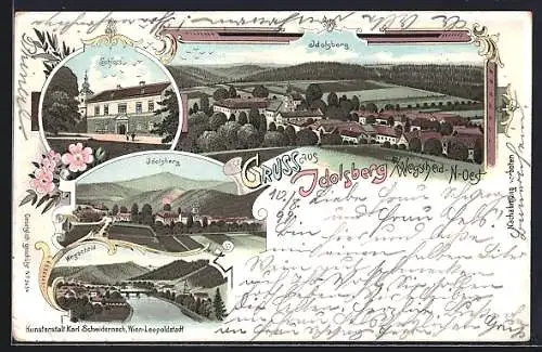 Lithographie Idolsberg, Schloss, Ortsansichten aus der Vogelschau