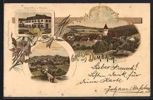 Lithographie Dimbach, Kitzler Haus, Teilansicht mit Kirche