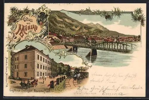 Lithographie Mühlau, Gasthaus Dollinger, Panorama mit Flussbrücke