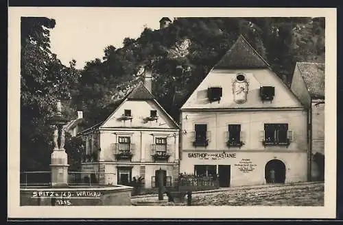 AK Spitz a. d. D., Gasthof zur grossen Kastanie mit Brunnen