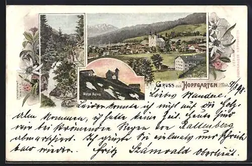 Lithographie Hopfgarten i. Tirol, Hohe Salve, Wasserfall und Totalansicht