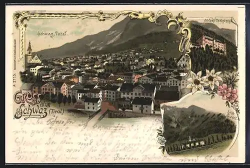 Lithographie Schwaz, Schloss Tratzberg, Ortsansicht