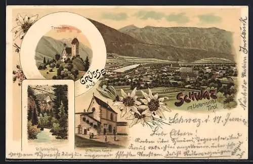 Lithographie Schwaz im Unterinnthal, Freundsberg, St. Georgenberg, St. Michaels-Kapelle