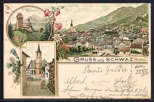 Lithographie Schwaz, Schloss Freundsberg, Kirche, Gesamtansicht