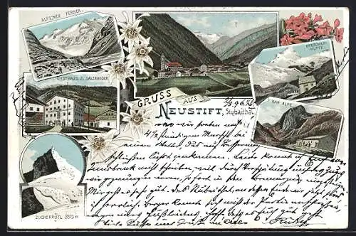 Lithographie Neustift /Stubaital, Gasthaus z. Salzburger, Dresdner Hütte, Kar Alpe