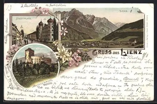 Lithographie Lienz, Stadtplatz, Schloss Bruck und Totalansicht