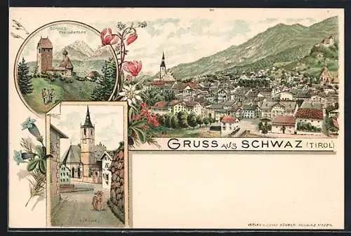 Lithographie Schwaz /Tirol, Schloss Freundsberg, Kirche und Totalansicht