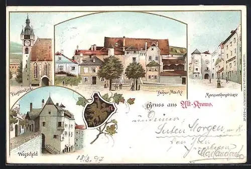 Lithographie Alt Krems, Wegscheid, Piaristenkirche, Hoher Markt, Margarethenstrasse