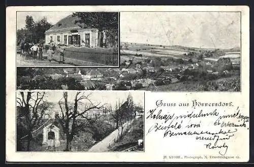 AK Hörersdorf, Gasthaus mit Passanten, Ortsansicht aus der Vogelschau