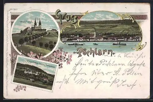 Lithographie Pöchlarn, Kaiserliches Schloss Artstetten, Maria Taferl und Flusspartie