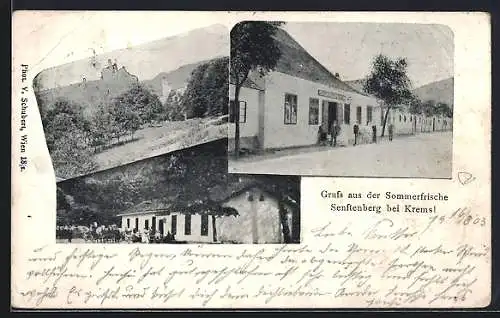 AK Senftenberg bei Krems, Gasthaus mit Besuchern, Blick auf die Burg