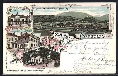 Lithographie Piesting /N. Ö., Gasthaus zum goldenen Löwen, Rathaus und Ortsansicht mit Hoher Wand