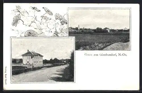 AK Glaubendorf /N.-Oe., Strassenpartie und Ortsansicht, Passepartout mit Blumen