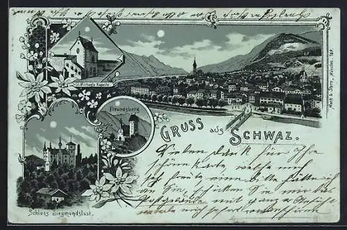 Mondschein-Lithographie Schwaz, St. Michaels Kapelle, Schloss Siegmundslust, Freundsberg