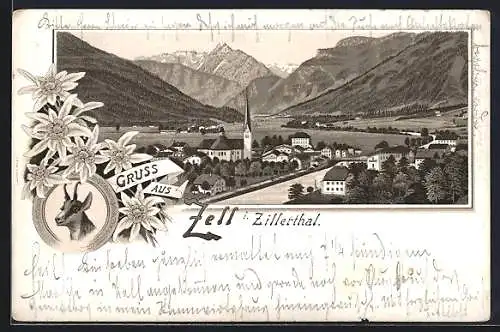 Lithographie Zell i. Zillerthal, Gesamtansicht gegen die Berge