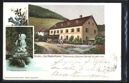 AK Terz, Jos. Maderthoner`s Gasthaus z. österr. Grenze, Höllenseuche Wasserfall